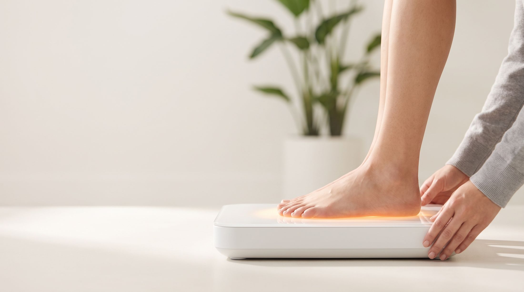 A foot positioned on a scanning platform for an assessment