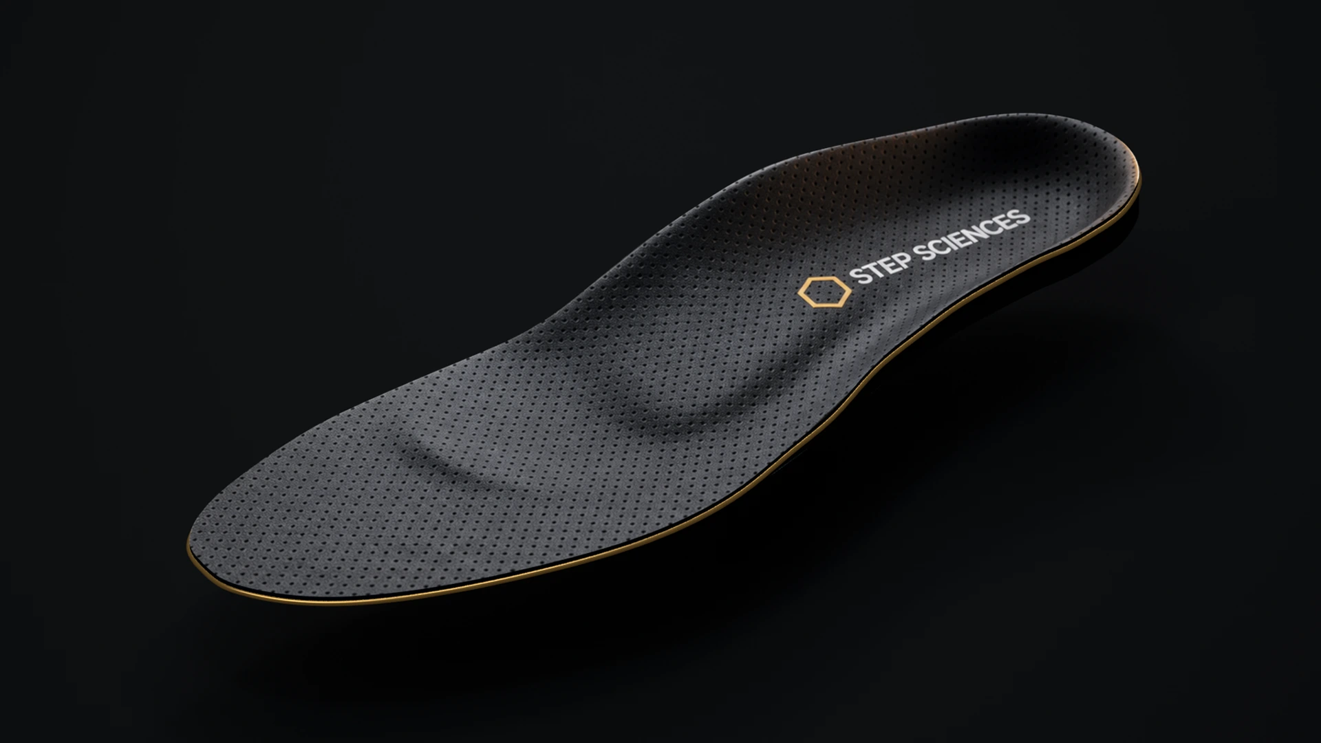 Step Sciences custom orthotic, with a black textured surface, gold edge and gleaming logo